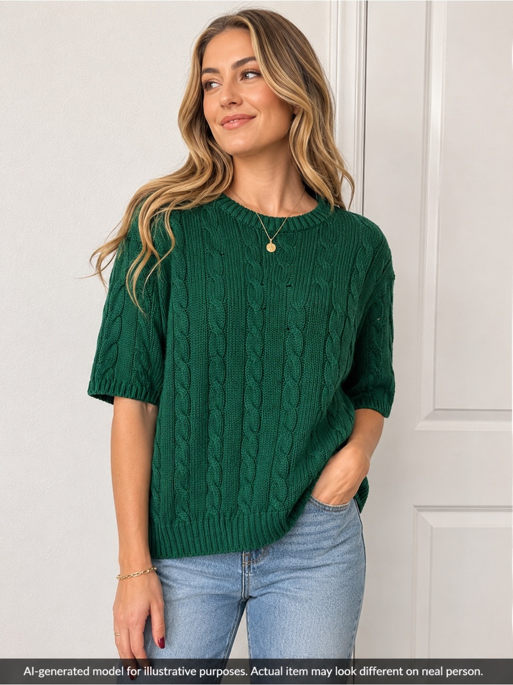Emerald Green Cable Knit Short Sleeve Sweater Top XXL